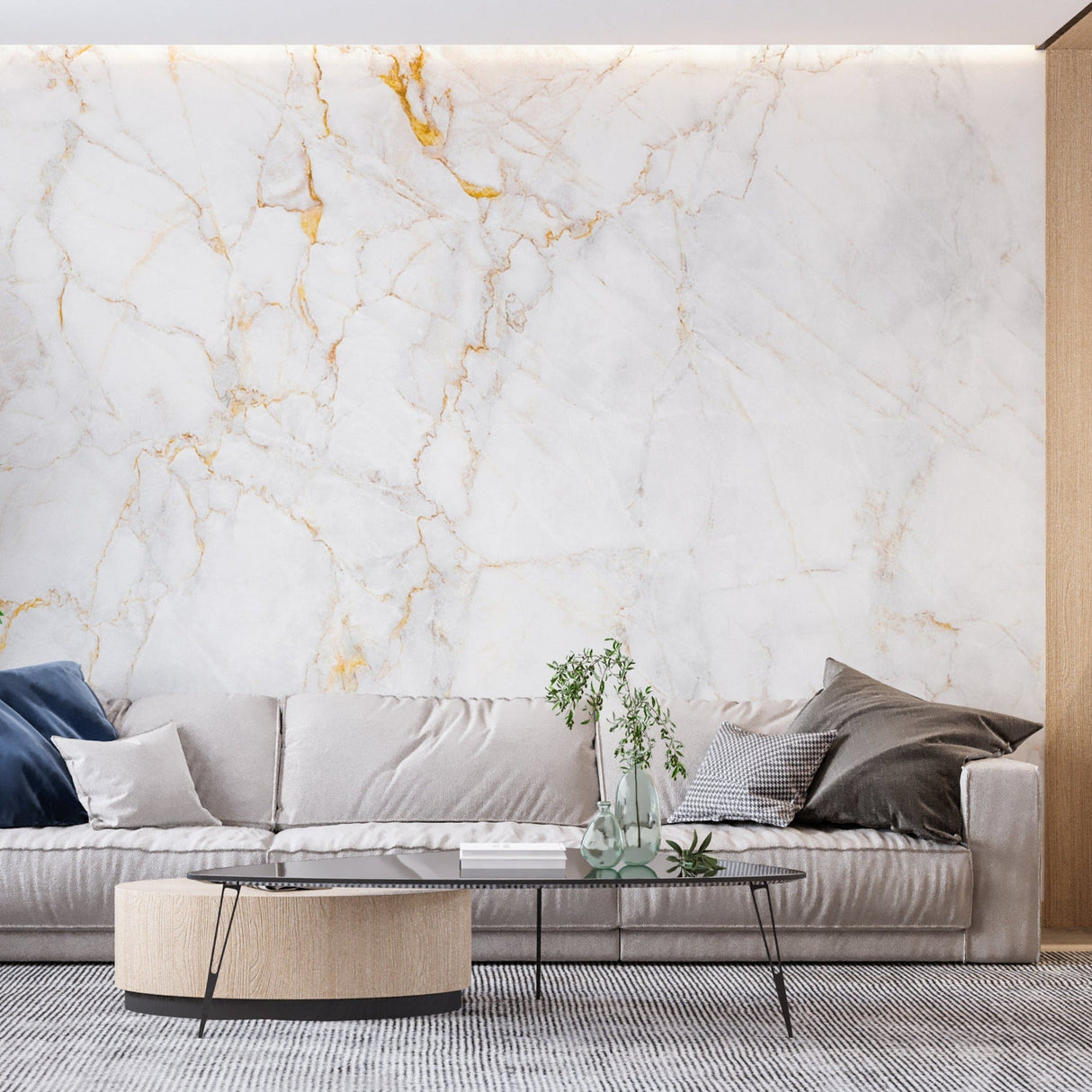 White and gold marble wallpaper in modern living room creating bright, open atmosphere