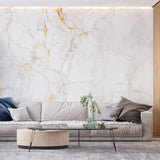White and gold marble wallpaper in modern living room creating bright, open atmosphere