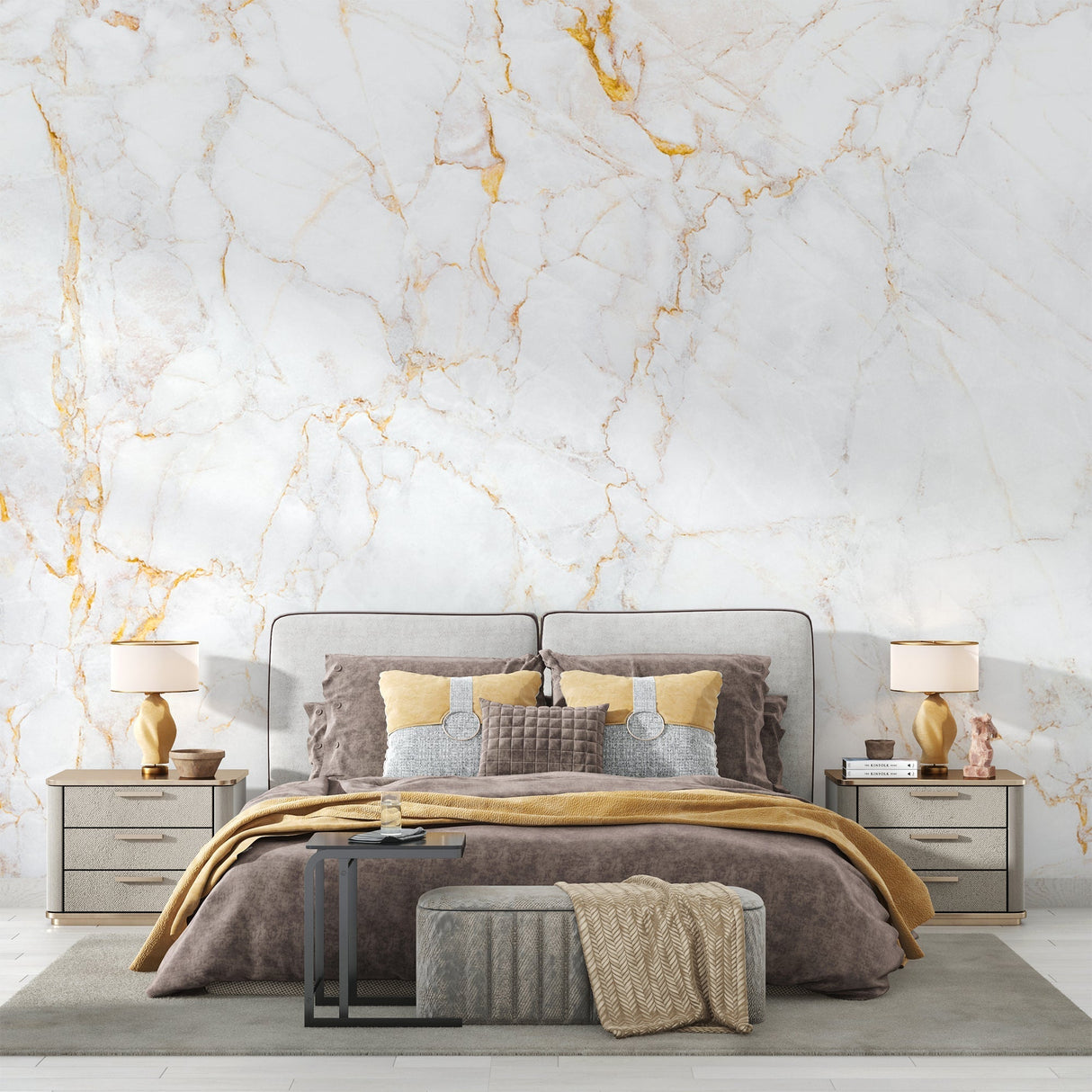 Marble wall mural with gold veining in master bedroom adding luxury feel