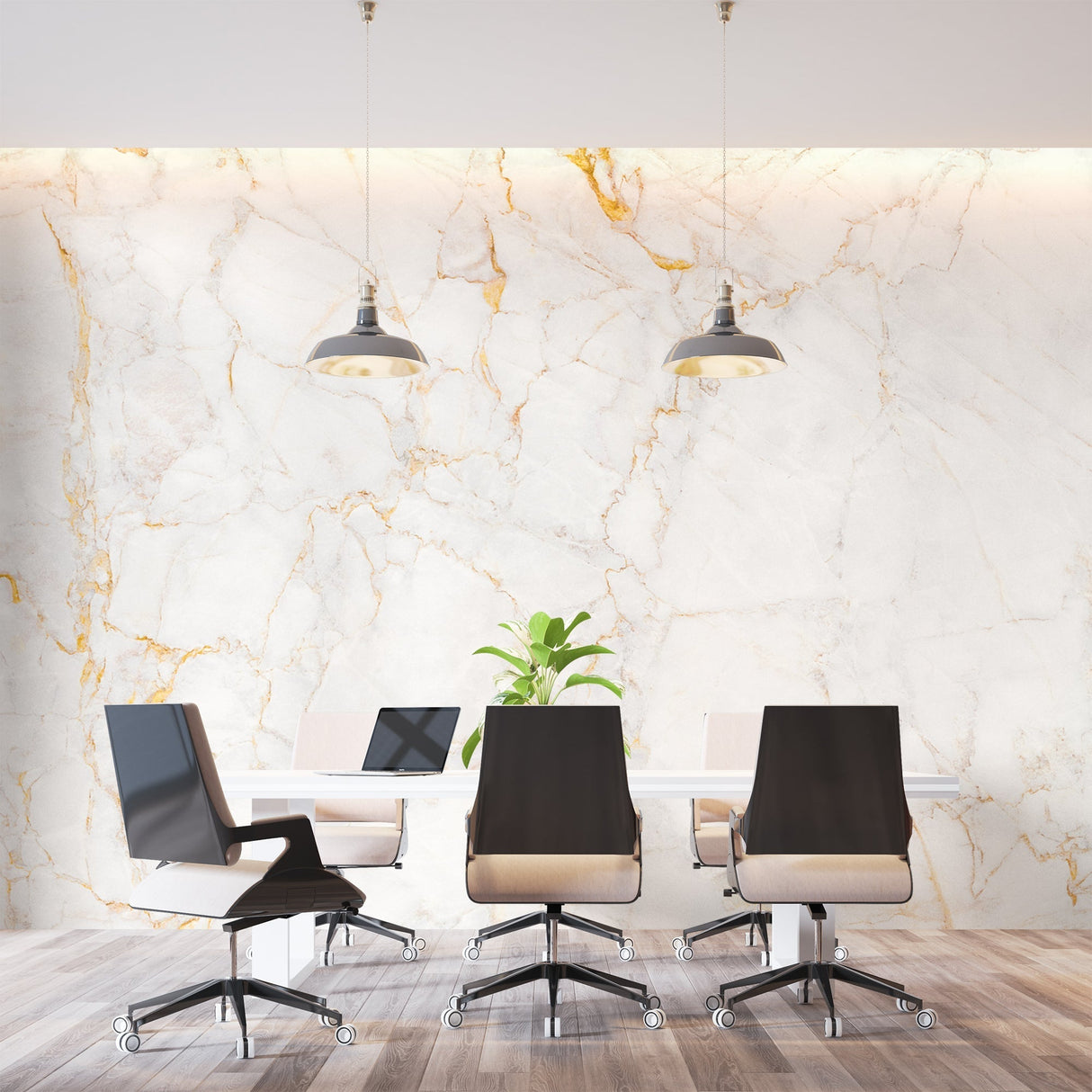 White marble wallpaper with gold accents in dining room catching natural light