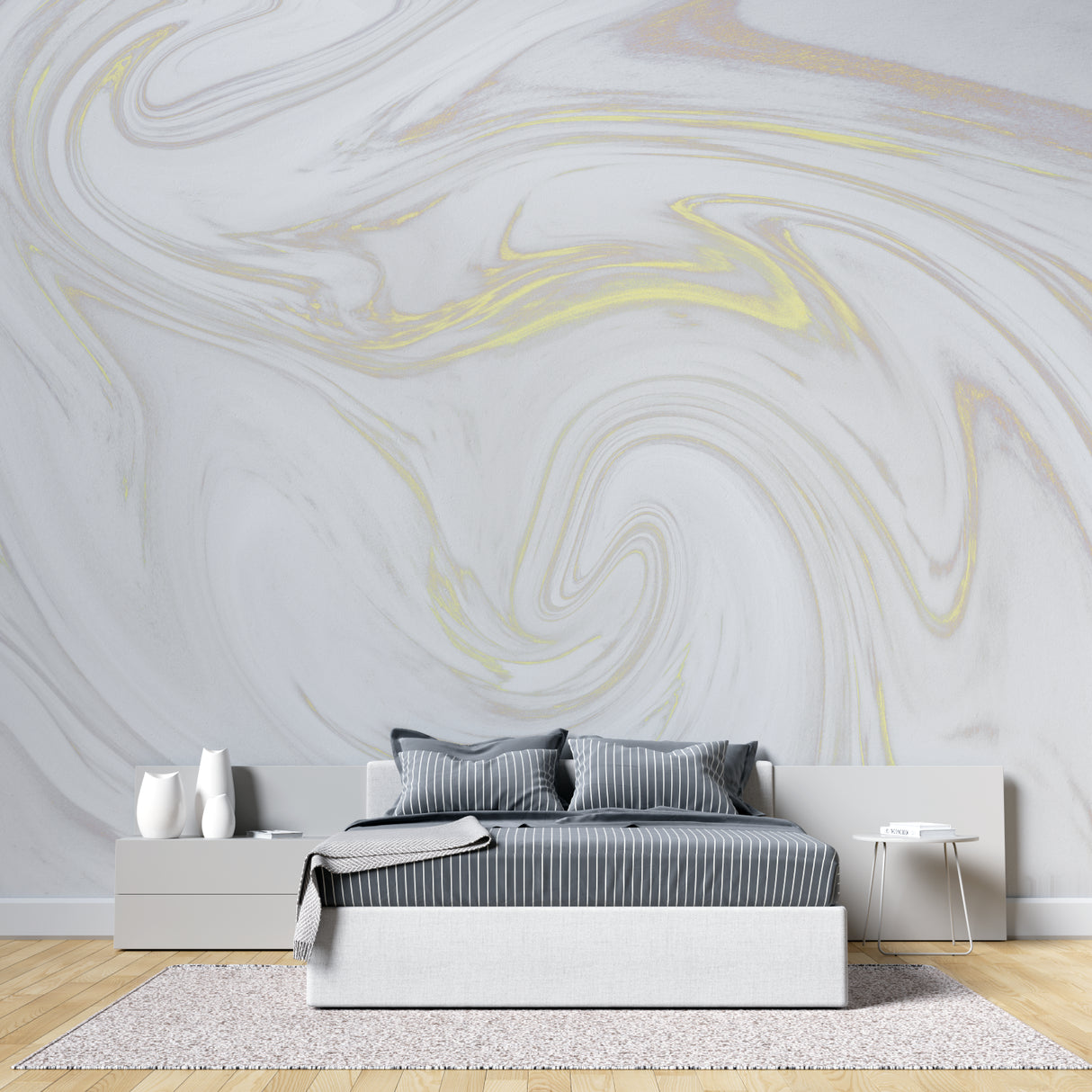 White and gold marble effect wallpaper in a bright dining room