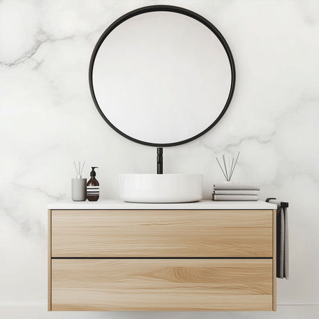 White marble wallpaper mural creating a stunning feature wall in a modern bathroom with walk-in shower