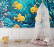 Marine animals wallpaper brightening a modern nursery with cheerful yellow fish and turquoise waters