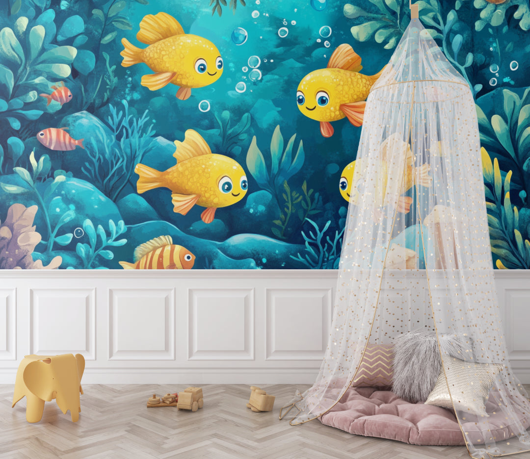 Marine animals wallpaper brightening a modern nursery with cheerful yellow fish and turquoise waters