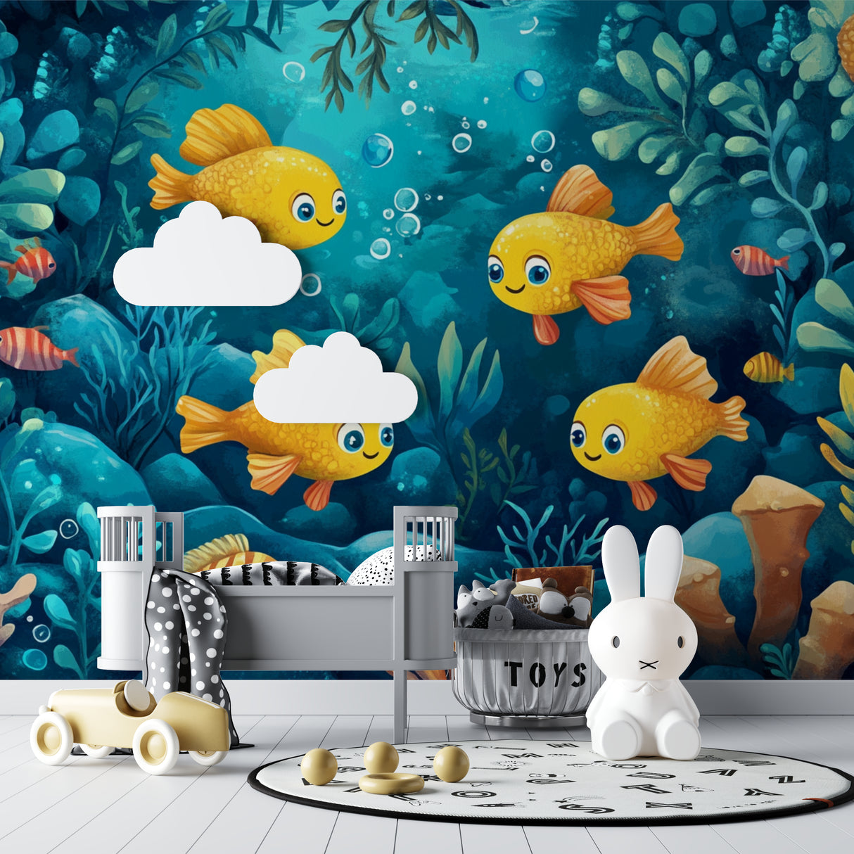 Underwater fish mural creating depth in a kid's playroom with floating bubbles and sea life
