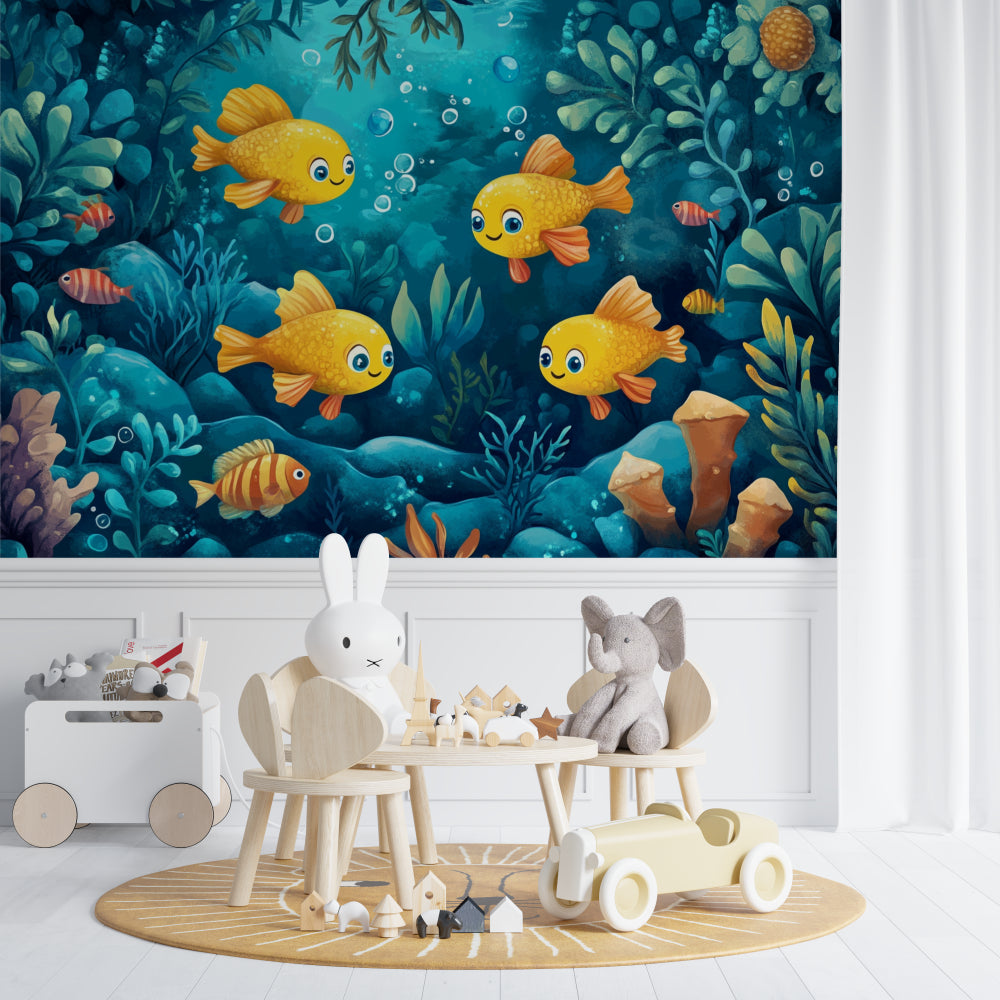 Ocean theme wallpaper transforming a bedroom with happy yellow fish and marine plants