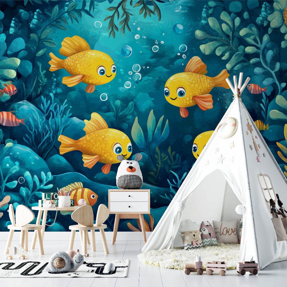 Marine life wallpaper bringing underwater magic to a bathroom with swimming fish
