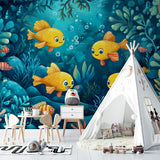 Marine life wallpaper bringing underwater magic to a bathroom with swimming fish