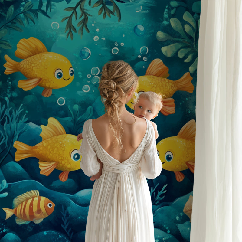 Fish mural wallpaper making a statement in a child's study area with bright sea elements