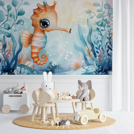 Marine animals wallpaper creating a cozy underwater atmosphere in a modern nursery with white furniture