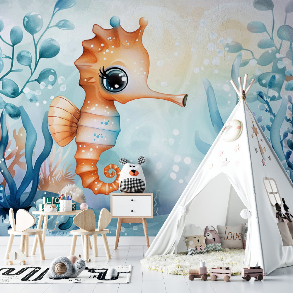 Seahorse wall mural bringing ocean vibes to a playful kids bedroom with reading nook