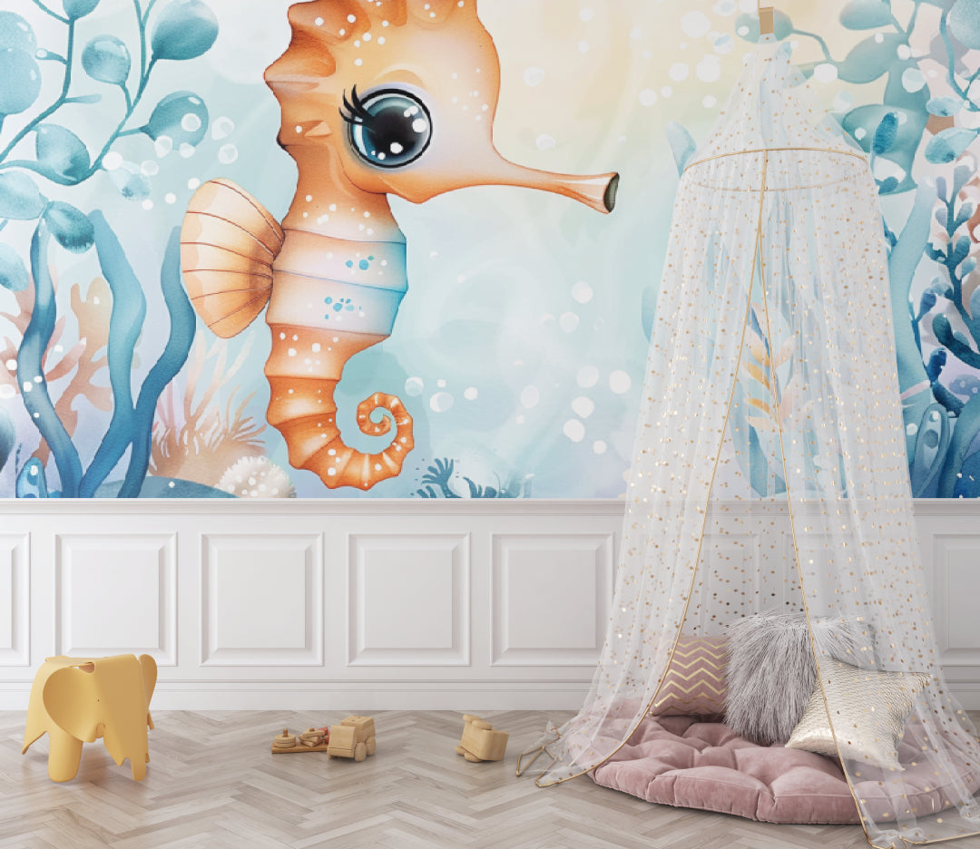 Ocean themed wallpaper transforming a baby's room with soft lighting and wooden accents
