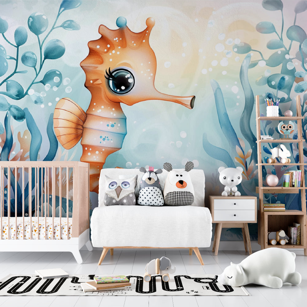 Seahorse wallpaper design showcased in a coastal-style children's bathroom