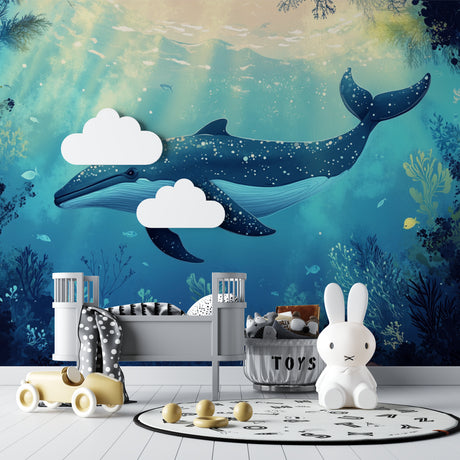 Marine animals wallpaper in a cozy nursery with rocking chair and soft lighting
