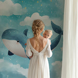 Dreamy whale wallpaper in a modern playroom showing scale and color depth