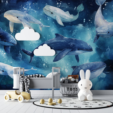 Marine Animals Wallpaper creating a magical atmosphere in a modern nursery with soft lighting