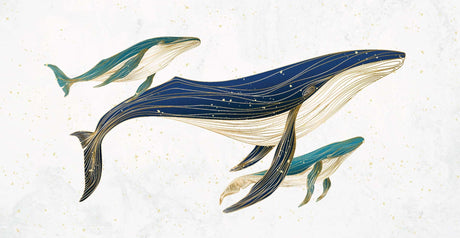 Design file of elegant whale family with gold line details on white background