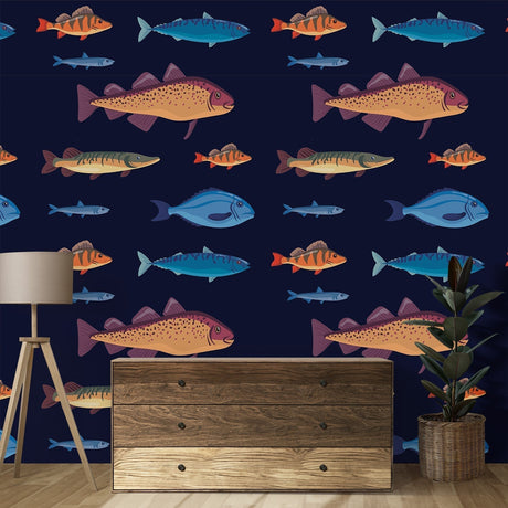 Marine life wallpaper transforms a modern kids bedroom with swimming fish patterns on deep navy background