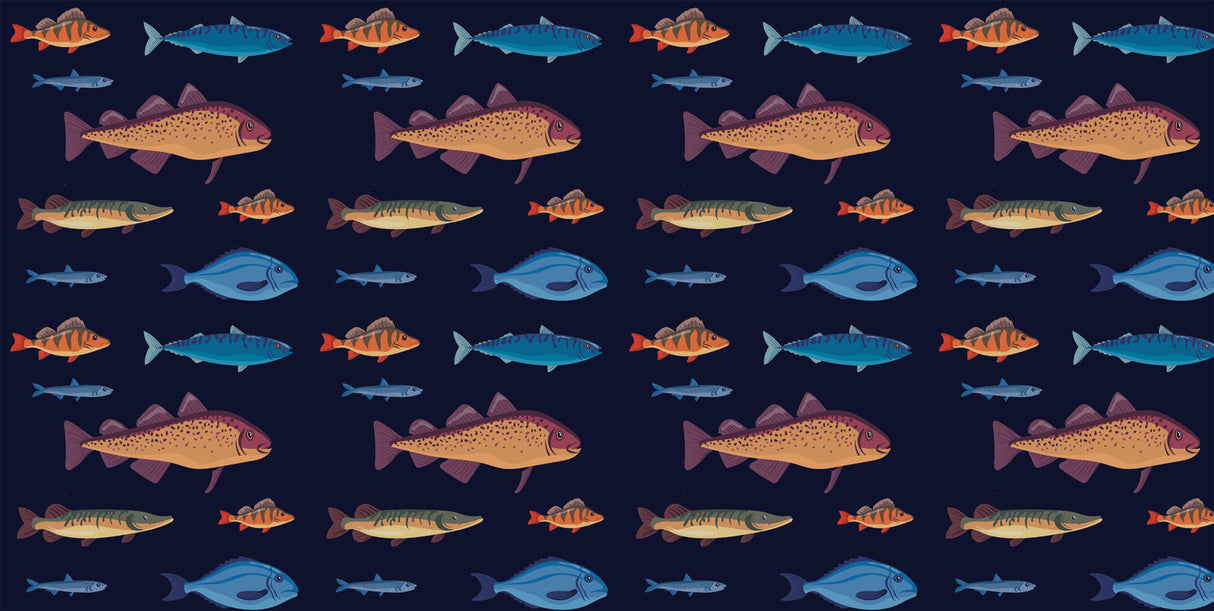 Marine Animals design file featuring detailed fish illustrations on navy background
