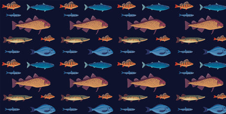 Marine Animals design file featuring detailed fish illustrations on navy background