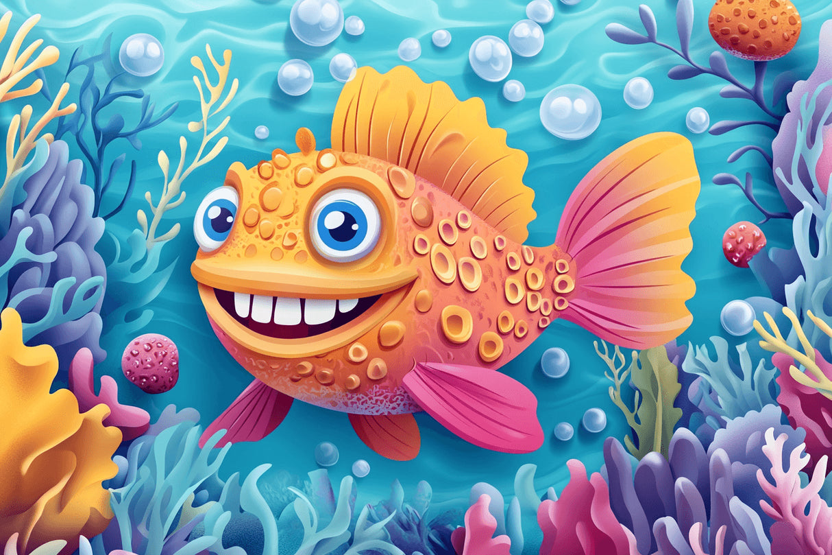 Design file showcasing detailed marine animals pattern with friendly orange fish and coral