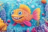 Design file showing detailed marine animals pattern with friendly fish and coral elements