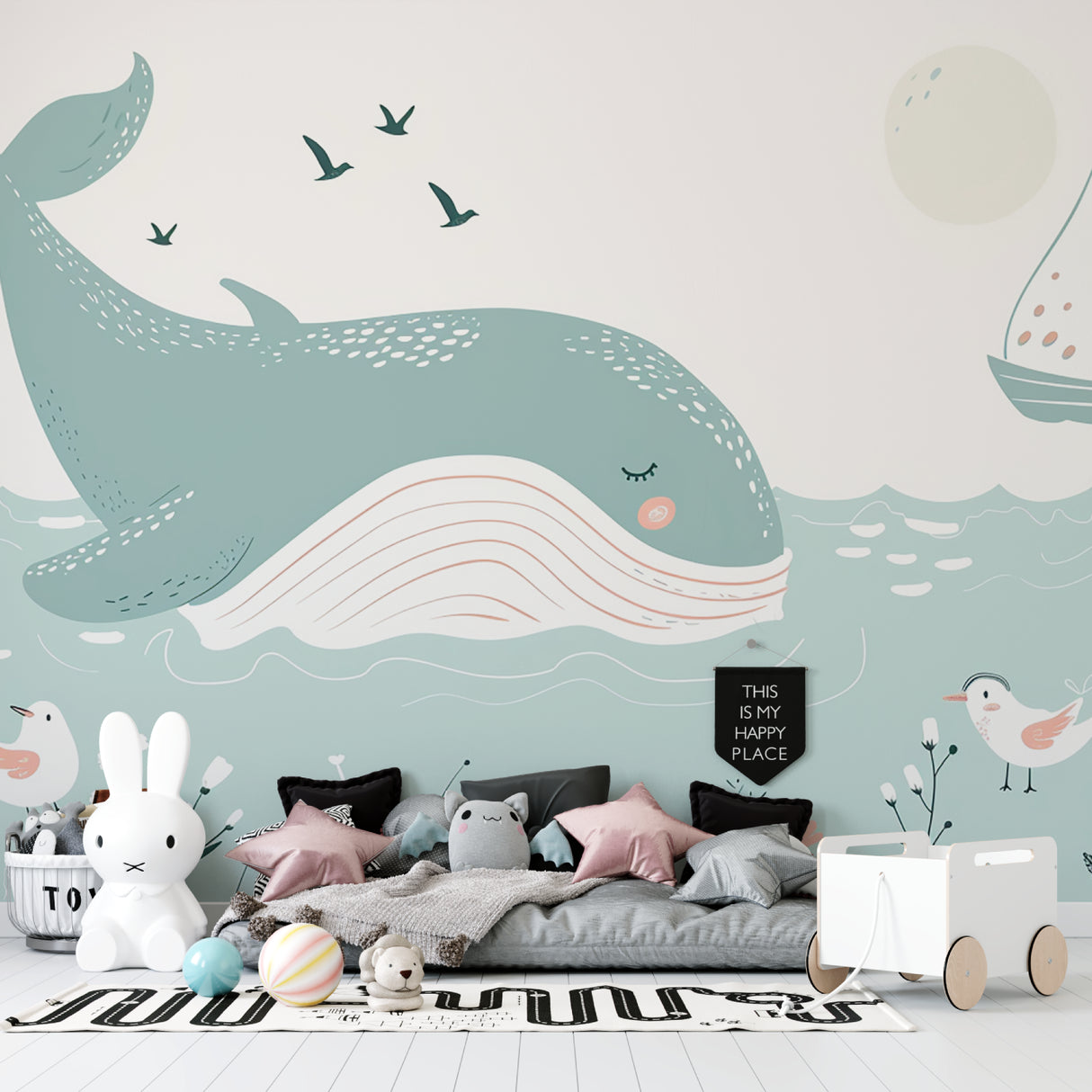 Ocean theme wallpaper in a modern playroom setting with educational toys