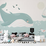 Ocean theme wallpaper in a modern playroom setting with educational toys