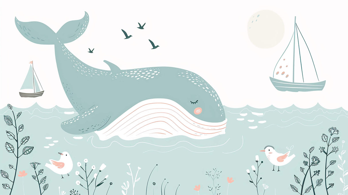 Gentle whale and seabirds design file showing intricate pattern details and soft color palette