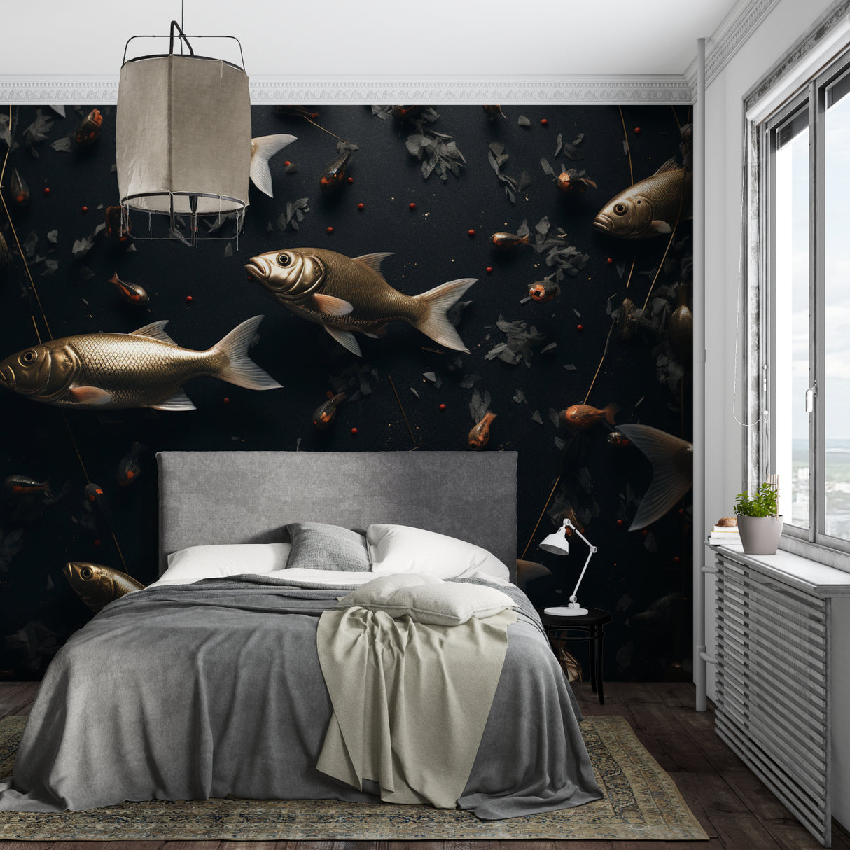 Elegant dining room featuring black and gold fish wallpaper mural