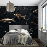 Elegant dining room featuring black and gold fish wallpaper mural