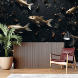 Luxury bathroom featuring marine fish wall mural in black and gold