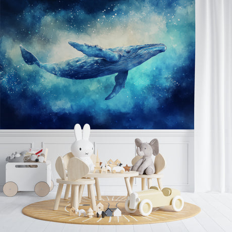 Marine whale wallpaper creating a peaceful atmosphere in a modern bedroom with soft lighting