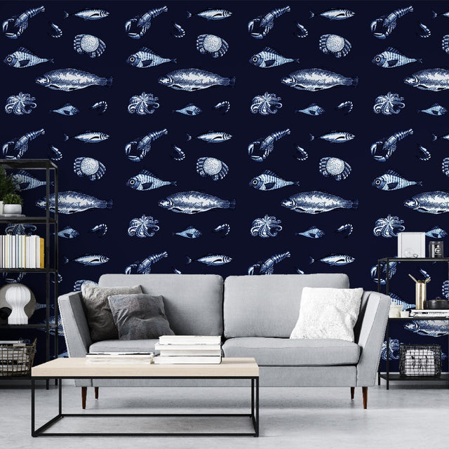 Marine life wallpaper creating a serene atmosphere in a modern living room, white sea creatures on navy blue background