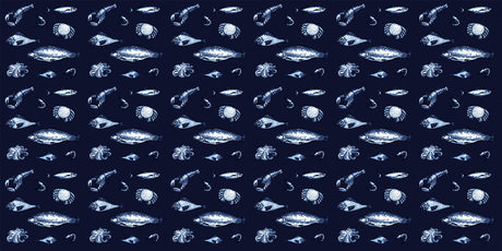 Marine Animals design file showing detailed white sea creatures pattern on deep blue background