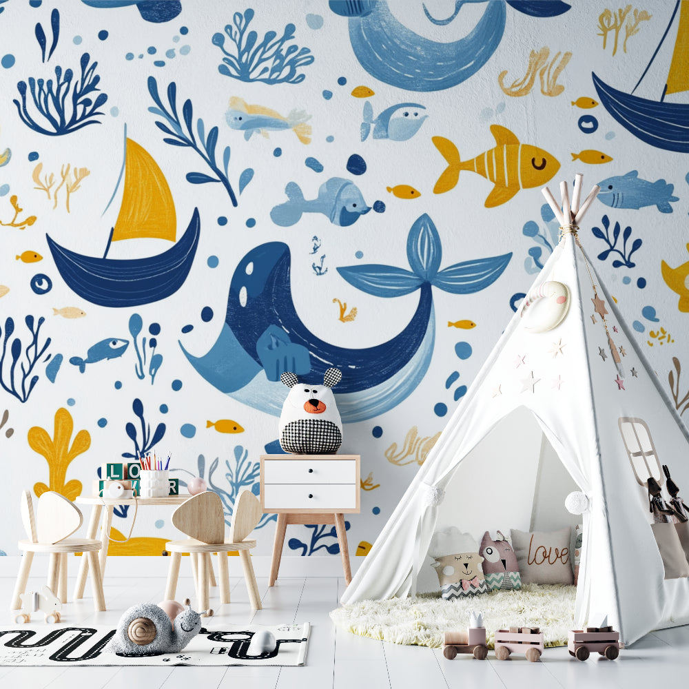 Ocean theme wallpaper in a kids bedroom with blue accents and nautical decor