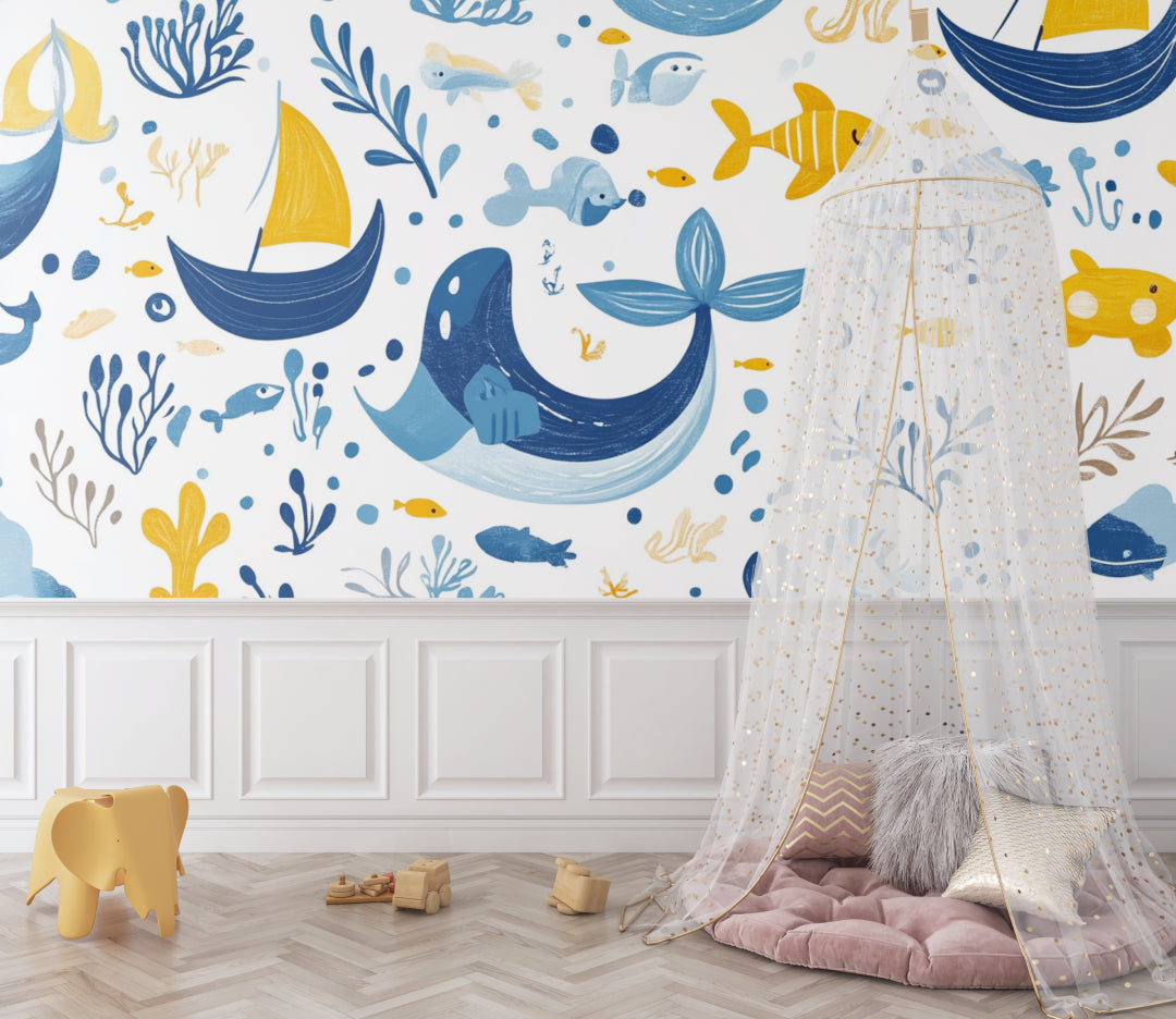 Nautical wallpaper creating a feature wall in a modern bathroom with marine life theme