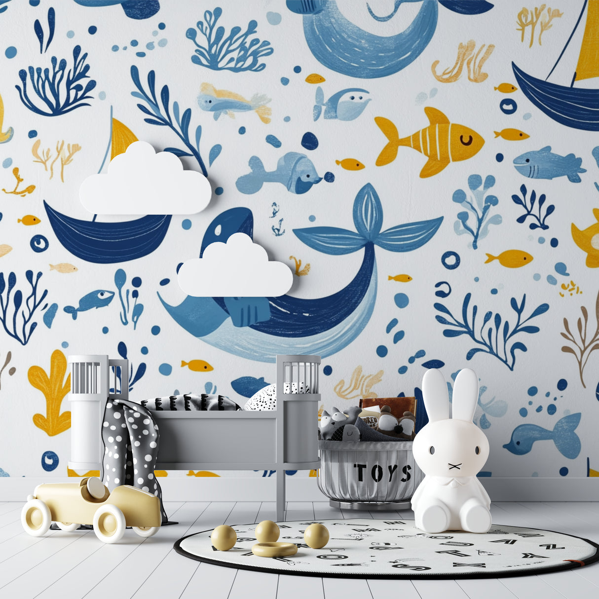 Marine life wallpaper in a playroom showing scale and full wall coverage