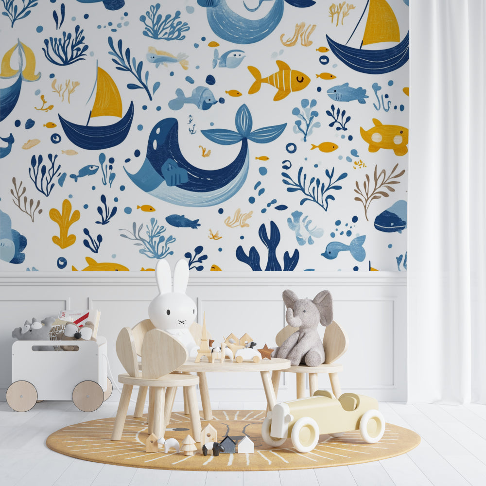Whale wallpaper detail in a reading nook, highlighting the intricate design