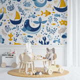 Whale wallpaper detail in a reading nook, highlighting the intricate design