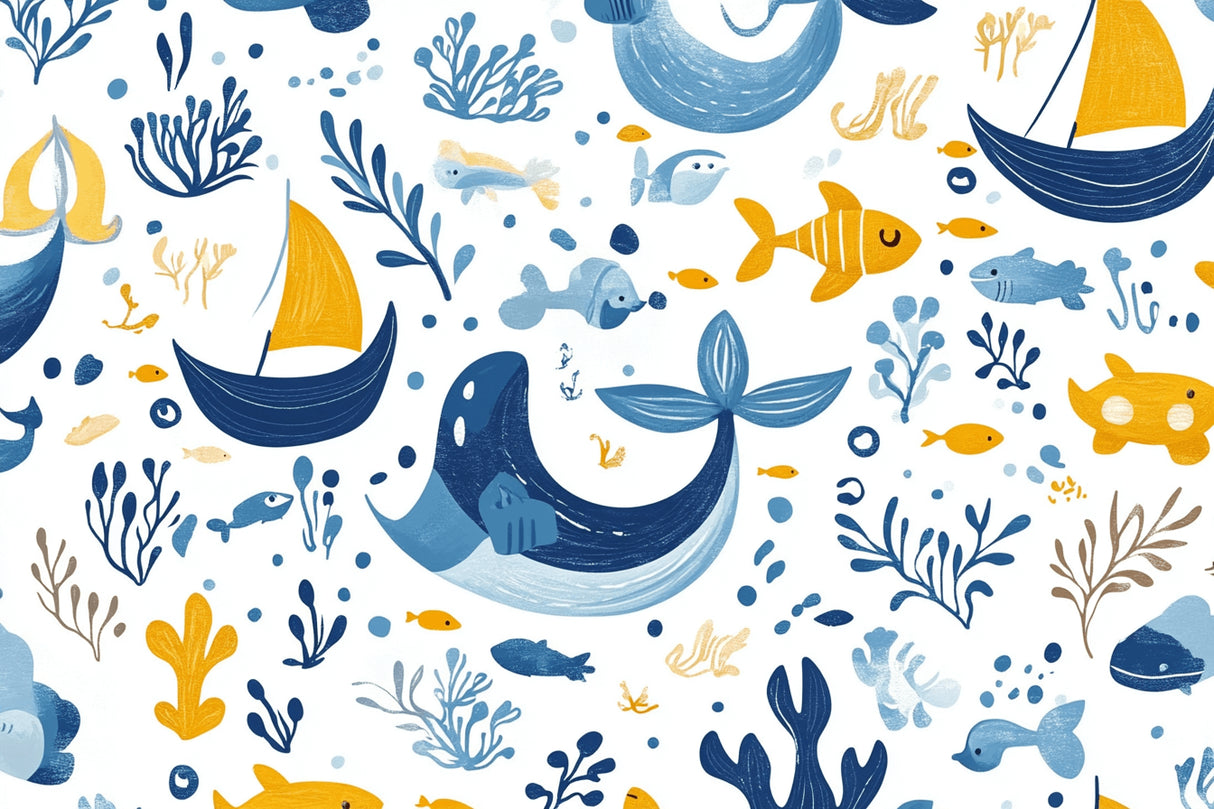 Marine animals wallpaper design file showing detailed pattern of whales, boats, and sea life