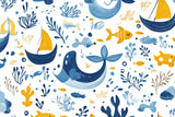 Marine animals wallpaper design file showing detailed pattern of whales, boats, and sea life