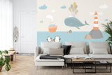 Ocean scene mural transforming a bathroom into a coastal paradise with whimsical marine life