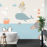 Marine animals wallpaper design file showing detailed whale, penguins and lighthouse pattern