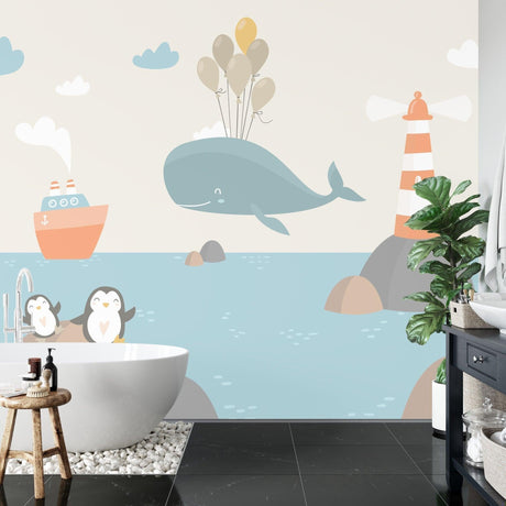 Marine animals wallpaper design file showing detailed whale, penguins and lighthouse pattern