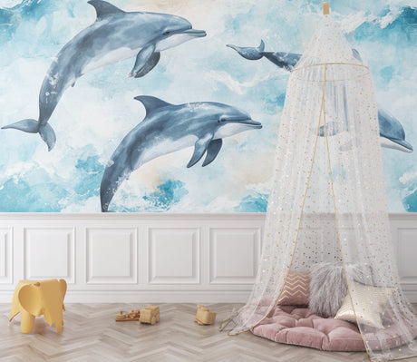 Marine animals wallpaper creating a dreamy atmosphere in a modern kids bedroom with dolphin design