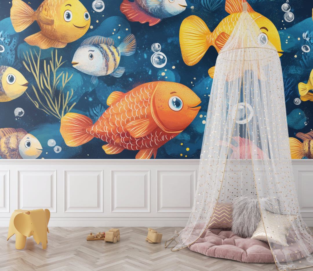 Marine fish wallpaper in bright kids bedroom showing colorful fish swimming against deep blue background