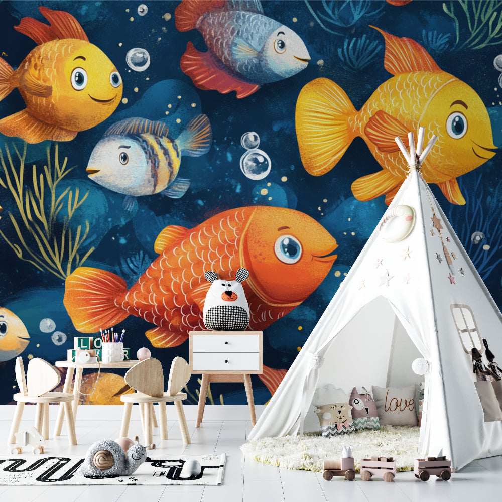 Underwater wallpaper featuring playful fish in modern nursery setting with white furniture