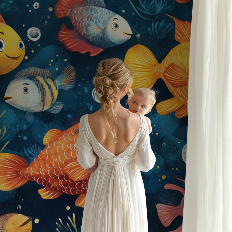 Ocean themed wall mural in playroom showing detailed fish and bubbles
