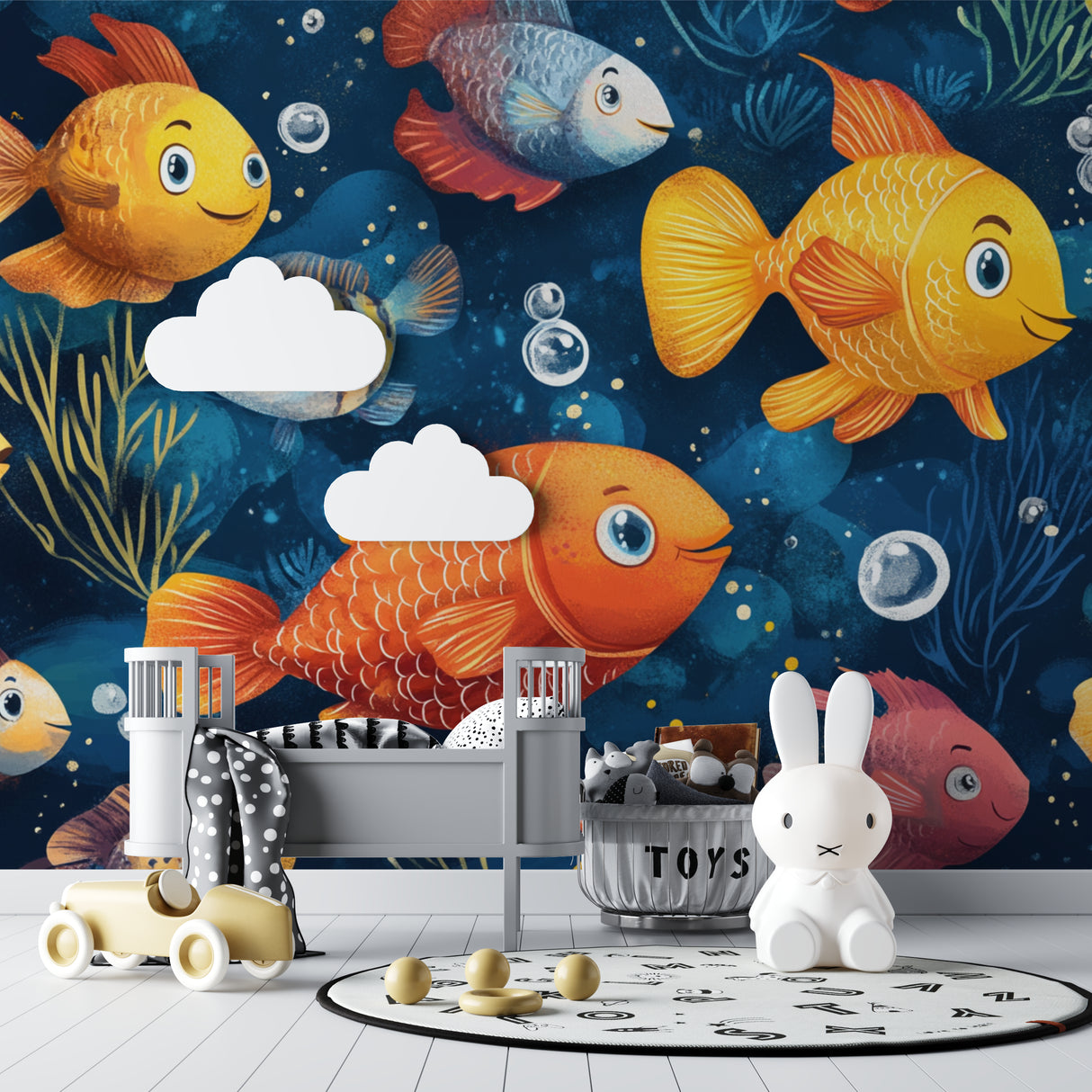 Fish themed wall mural creating magical atmosphere in child's reading nook
